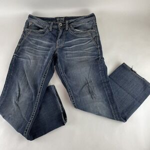 Distressed Salvage Buckle Men's Mayhem Straight Stretch Blue Jeans Size 31R x 28